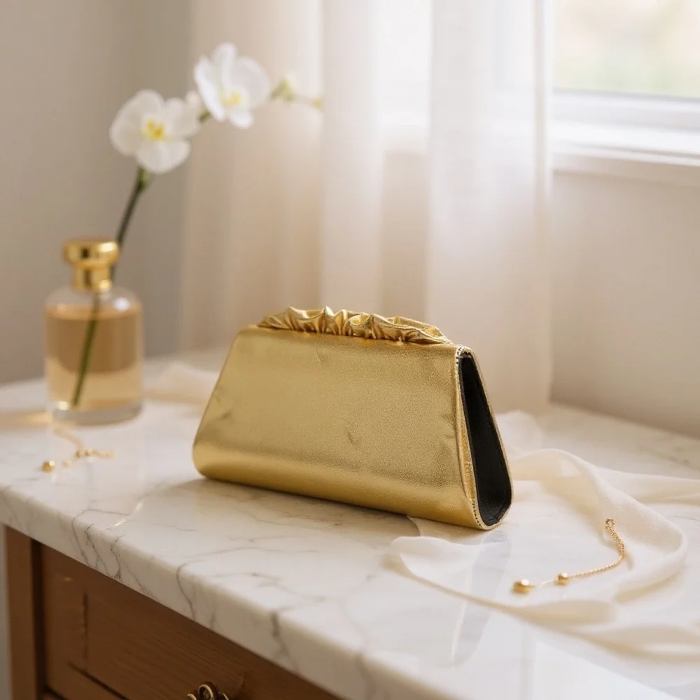 Metallic Gold Ceremony Reception Clutch Bag Top Handle Chain Wedding Party Purse